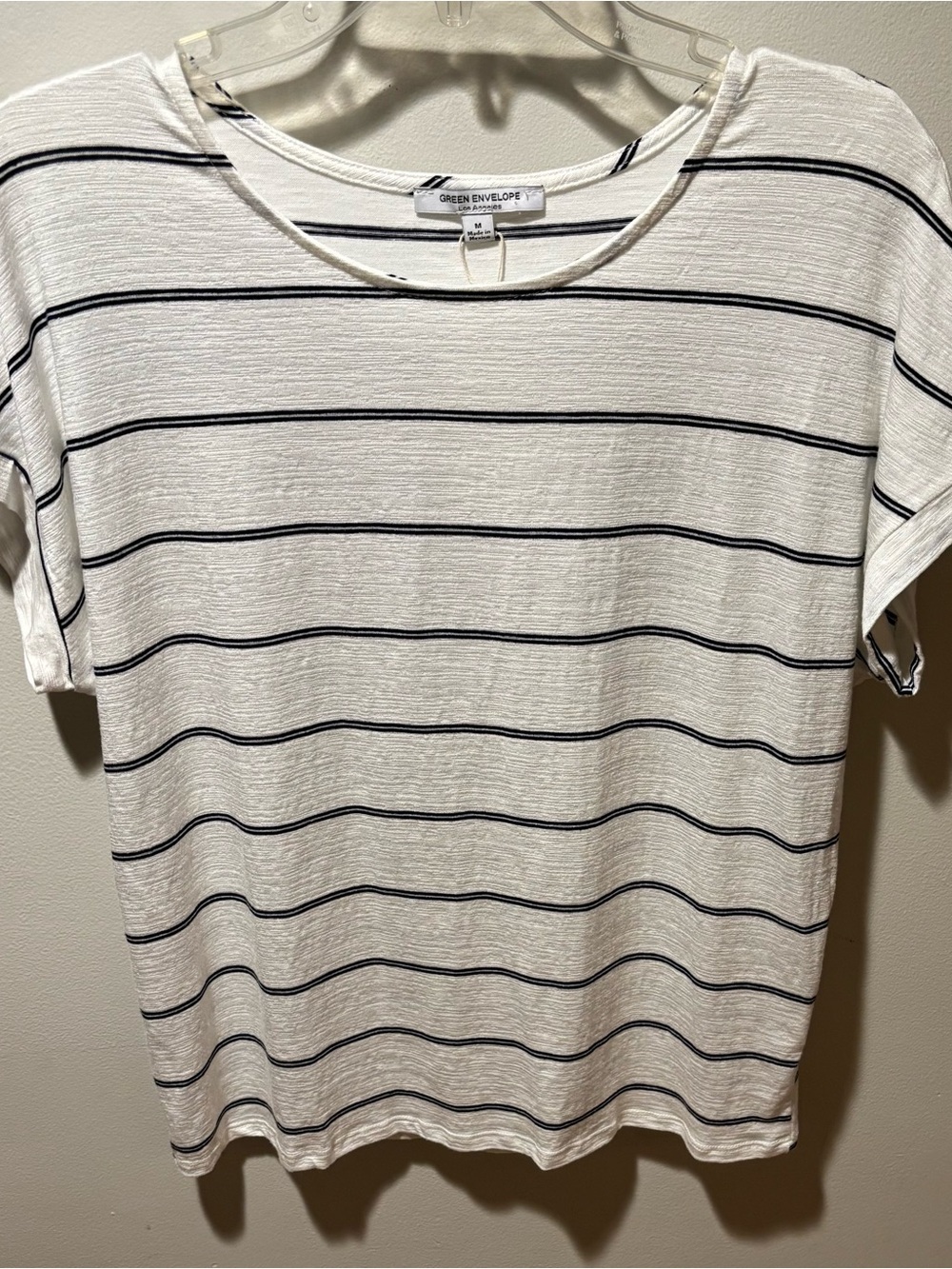 Green Envelope White and Black Striped Short Sleeve Tee